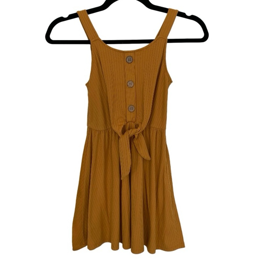 JENNA & JESSIE Girl’s Goldenrod Ribbed Tank Dress Waist Tie Button Accent 8 GIRL